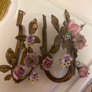 Antique Bronze and Porcelain Flower Curtain Tiebacks